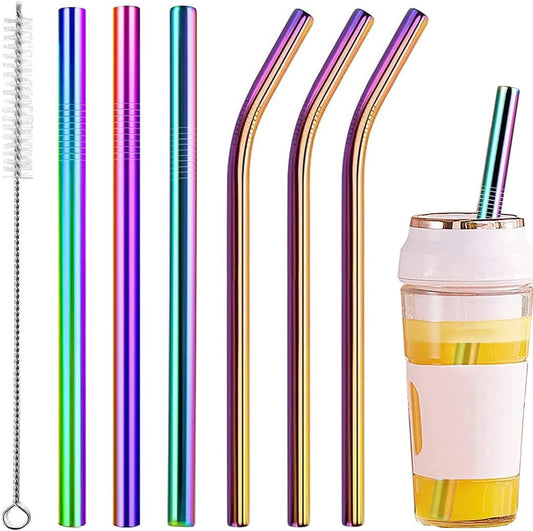 Vinaco Reusable Smoothie Straw, 0.4'' Extra Wide Stainless Steel Straw 10.5'' & 8.5'' Long colorful Straws, 6 Pack Metal