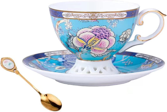 ACMLIFE Bone China Tea Cups, Tea Cup and Saucer Set for 1 Blue and White China Tea Cup 6.7oz Floral Vintage China Coffee Set