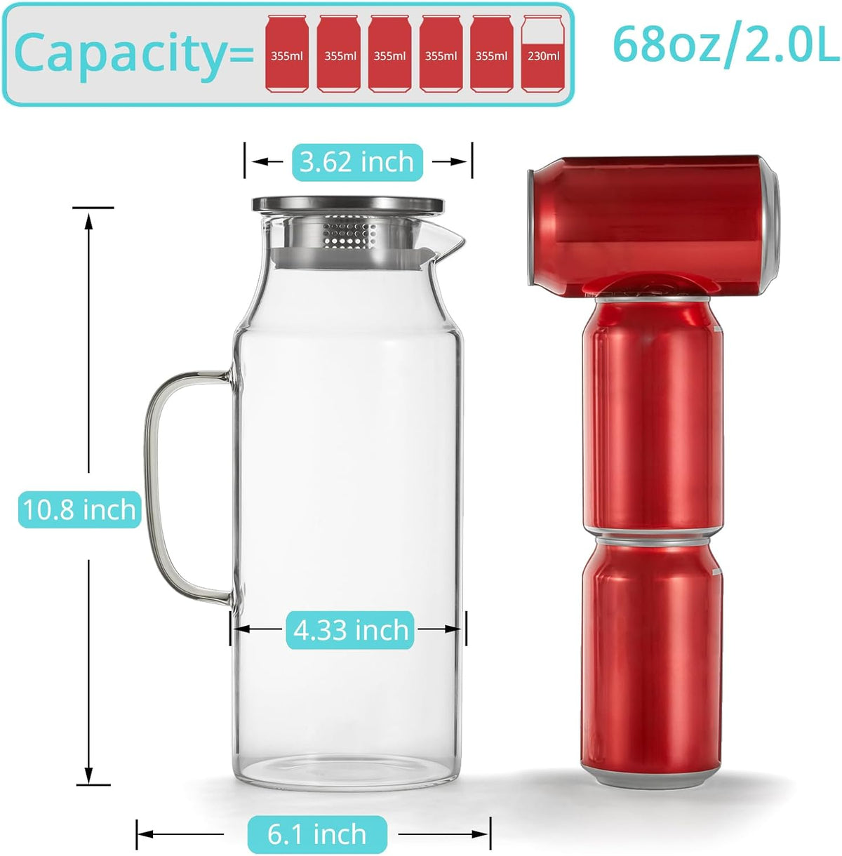 2 Liter 68 oz Glass Pitcher with Lid and Spout, Bivvclaz Glass Carafe for Hot/Cold Water, Large Iced Tea Pitcher for Coffee, Juice and Homemade Beverage
