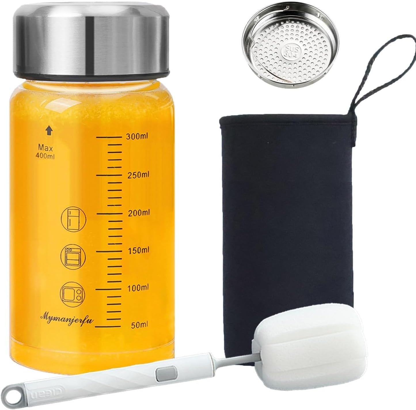 Glass Juice Bottles 12 oz - Wide Mouth Glass Water Bottles with Lids and Sleeve- for Juicing, Smooth