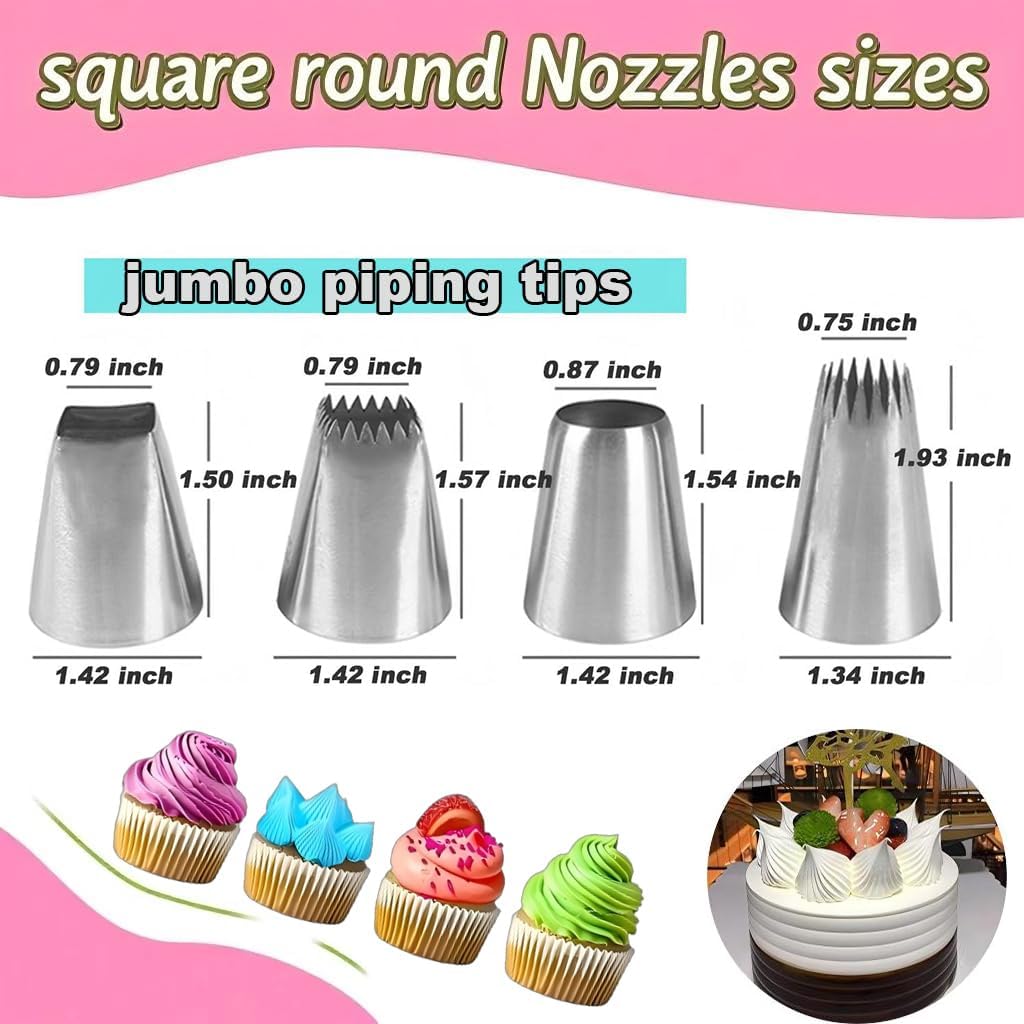 4PCS Extra Large Piping Tips Set, Stainless Steel Jumbo Icing Tips (F02 F06 9FT R22L) Round Star Square Wide for Cake Cupcake Cookie Eclair Churro Meringue