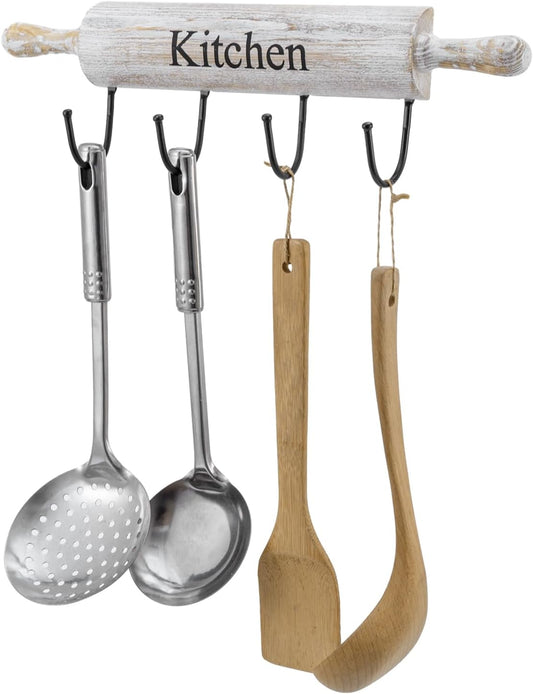 MyGift Wall Mounted Kitchen Utensil Rack, Rustic White Washed Wood Rolling Pin Cooking Tool Hanger with 4 Hooks for Aprons,