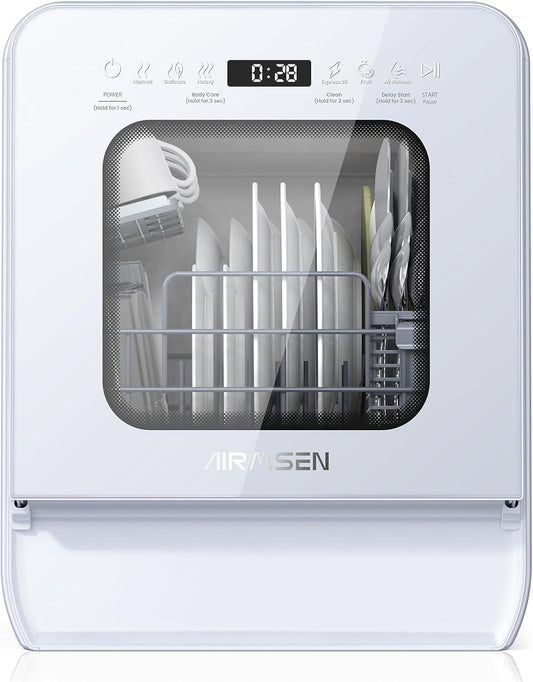 AIRMSEN Portable Countertop Dishwasher with 5L Water Tank, Mini Dishwasher with 14.6” Narrow & 20.1“ Deep Design, 9
