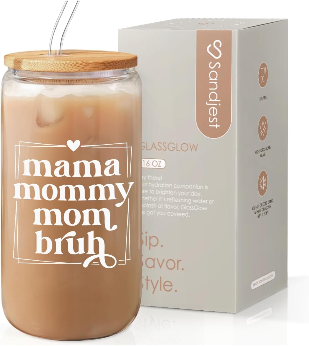 SANDJEST Mother Glass Can, Mama Mommy Mom Bruh Cup with Lid &amp; Straw, Iced Coffee Aesthetic Cups, Idea Gift for Christmas Birthday Mother Day, Gifts for Women, 16oz