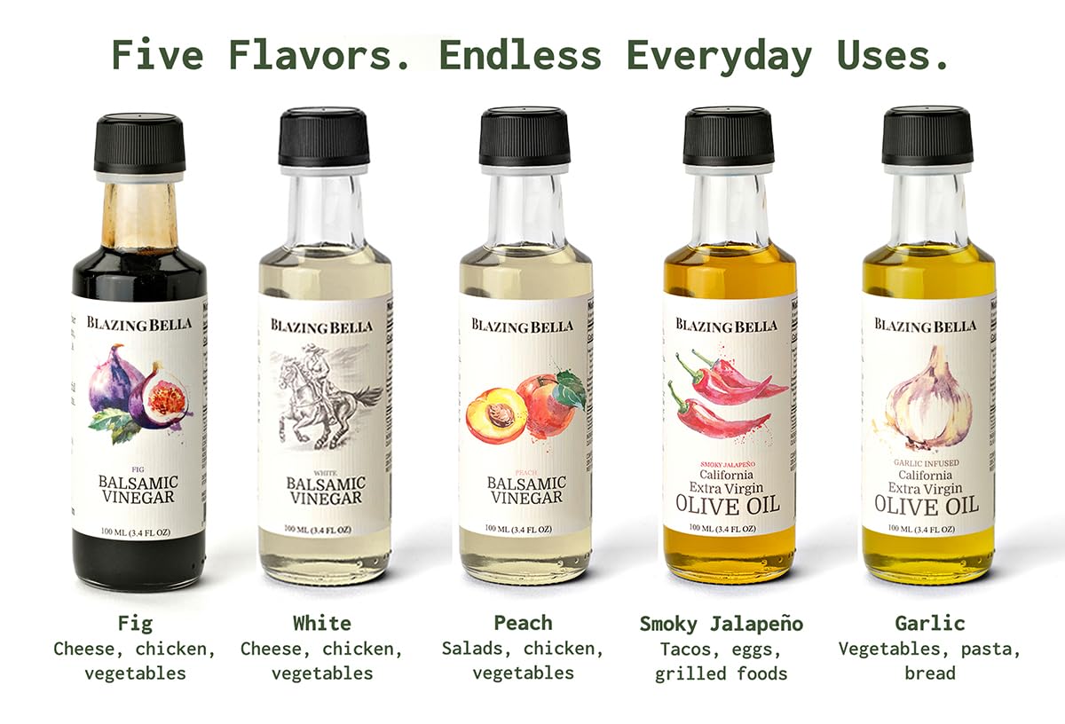Blazing Bella Foodie Combo – Balsamic Vinegar and Olive Oil Sampler Set – White, Fig &amp; Peach Balsamic with Garlic and Smoky Jalapeño Olive Oils – Modena, Italy &amp; California – 100ml Bottles