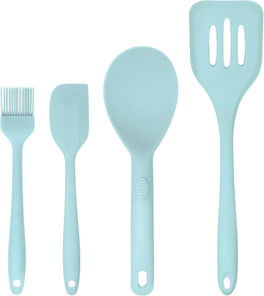 Silicone Utensils 4-Piece Set – Rubber Spatula, Pastry Brush, Slotted Turner, and Rice Paddle – Complete Heat-Resistant Set