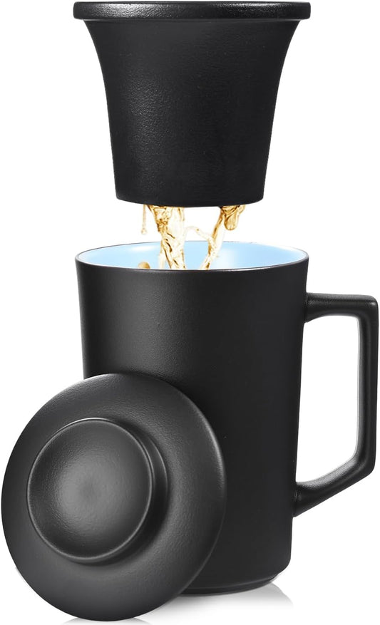 15 OZ Porcelain Tea Infuser Cup with Lid,Ceramic Tea Mug with All-Porcelain Strainers for Loose Leaf Teas,Microwave and