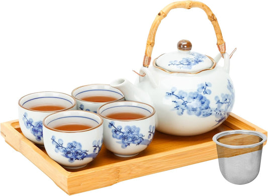 Japanese Tea Set Porcelain Tea Set with Teapot and Tea Cup Set for 4, Blue and White Tea Sets for Adults with Stainless