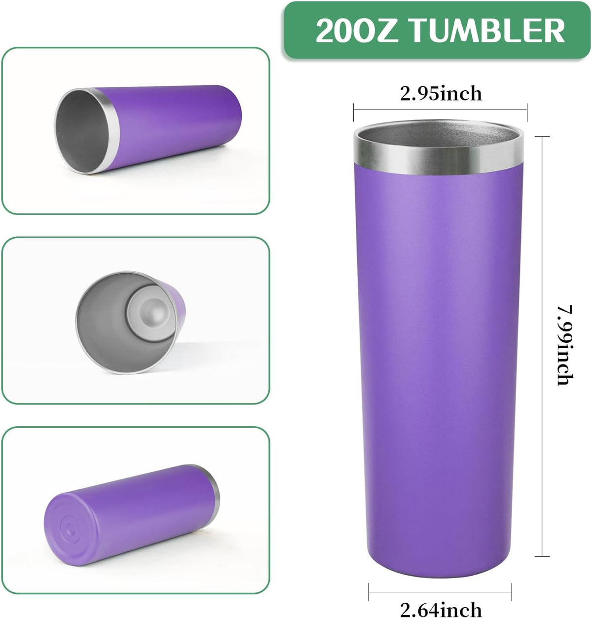 20 oz Skinny Tumbler with Lid and Straw,Stainless Steel Vacuum Insulated Tumbler Cup Double Wall Leak-proof Coffee Mug,Travel Thermal Water Tumbler for Home,Office,Outdoor (Purple,1)