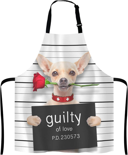 Cute Chihuahua Dog with Rose Bib Apron with Adjustable Neck for Men Women,Suitable for Home Kitchen Cooking Waitress Chef