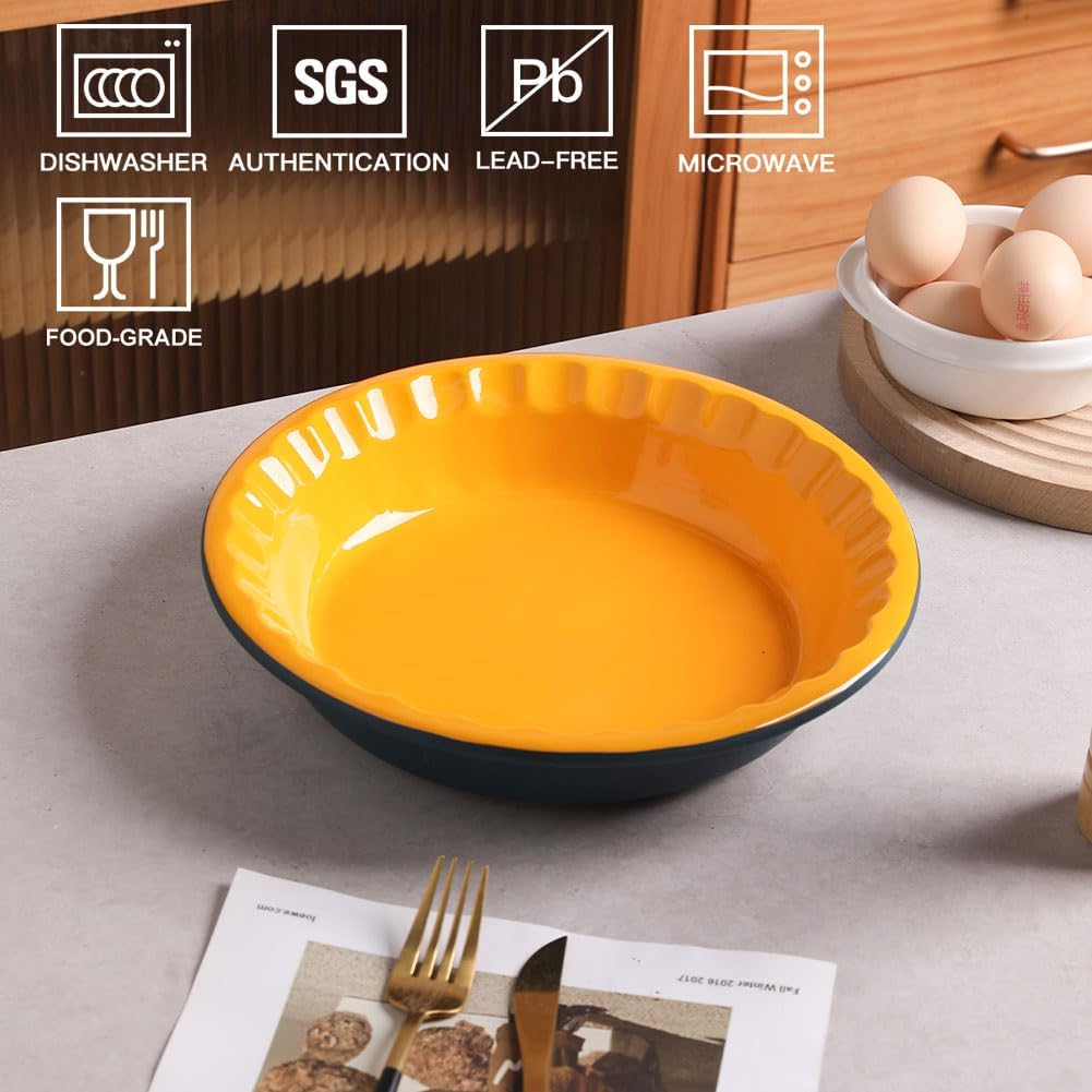 Sweejar Ceramic 10.4 Inches Pie Pan for Baking, Deep and Fluted Porcelain Round Pie Dish, Non-Stick Pie Plate for Pumpkin Pie, Apple Pie, Pie Pots with Morden Farmhouse Design (Blue &amp; Yellow)