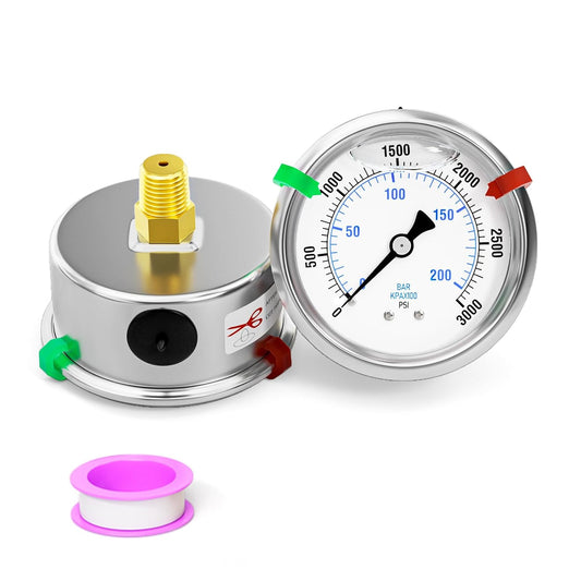 0-3000psi Stainless Steel Glycerin Liquid Filled Pressure Gauge 1/4" NPT 2.5" Face Dial Center Back Mount, for Water, Oil