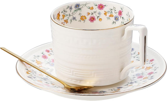 Tea Cups and Saucer Sets,8.8 oz Cappuccino Cups with Saucers and Spoons,3 Pieces, Vintage Style,Embossed Bone China Coffee