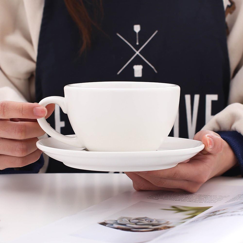 Coffeezone Great Cup Shape for Latte Art Cappuccino Barista Cup Saucer New Bone China for Coffee Shop (Matte White