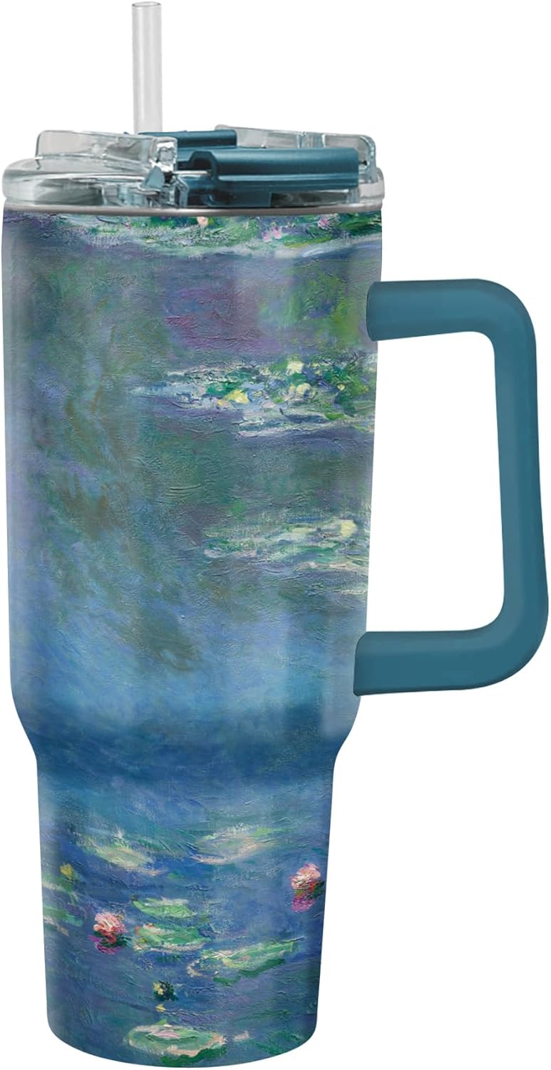 RainCaper 18/8 Stainless Steel Insulated Water Tumbler with Straw | 30oz, BPA-Free, Double Wall for Hot & Cold | Travel-Friendly, Cup Holder Ready (Monet Water Lilies)