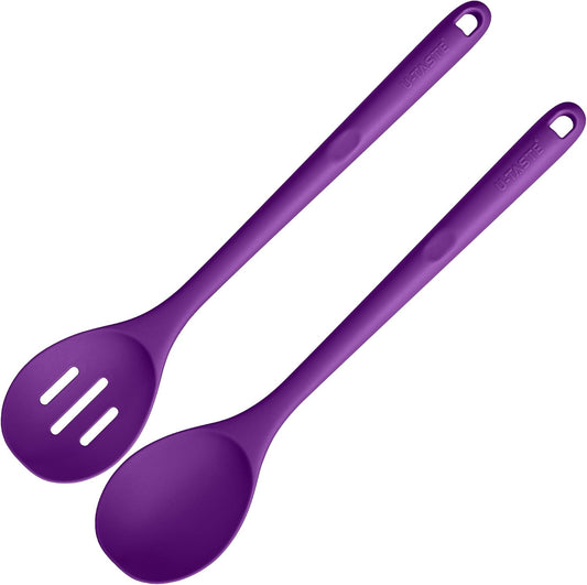 600ºF Heat Resistant Silicone Spoons: U-Taste 13.3in Solid & Slotted Kitchen Cooking Spoon, Nonstick Food Grade Long Rubber