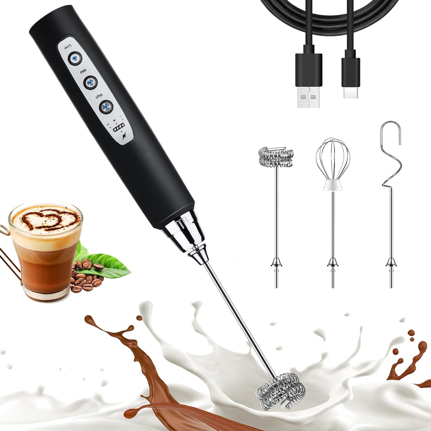 Nahida Black Milk Frother Wand for Coffee, Frother Handheld Rechargeable Electric Whisk Drink Mixer 