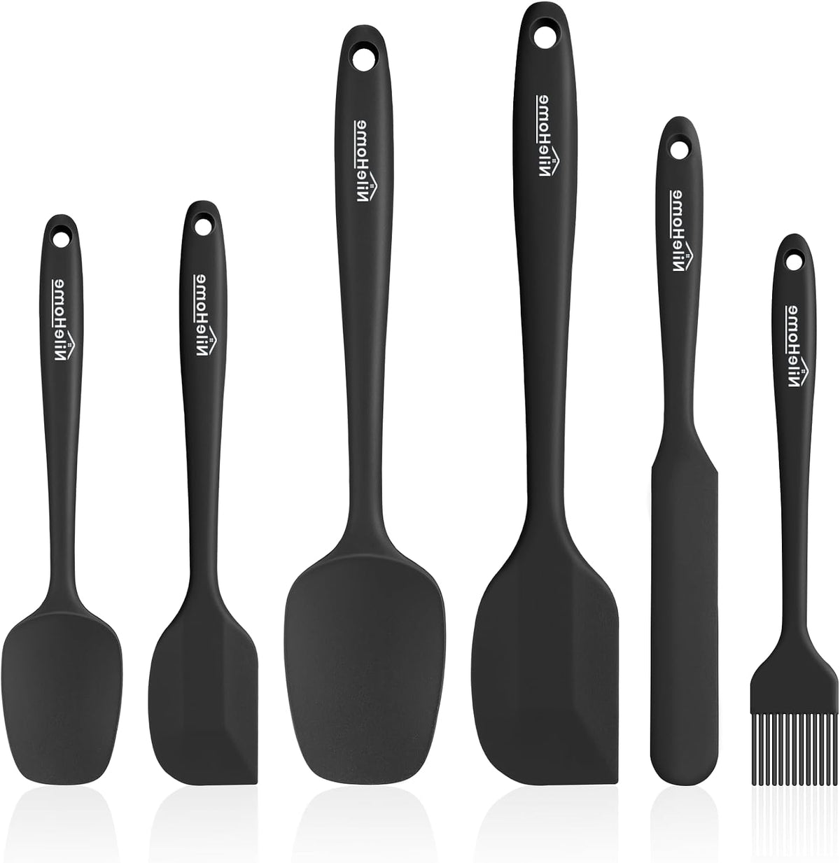 NileHome 6 Pieces Silicone Spatula Set with Silicone Brush,Mixing-Black | Food-Grade Material,Heat Resistant Up to 600°F,Dishwasher Safe,BPA-Free