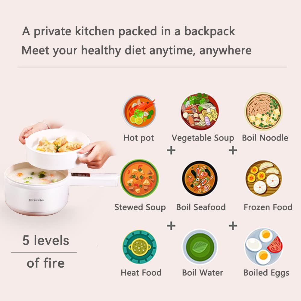 Drizzle Electric Hot Pot Cooker 1.7L Mini Skillet NonStick Coating Stir Fry Food Maker 110V Portable Cookerware Dorm Cooking With Steamer for Personal Ramen Boiling Steak Egg Oatmeal Soup Shabu