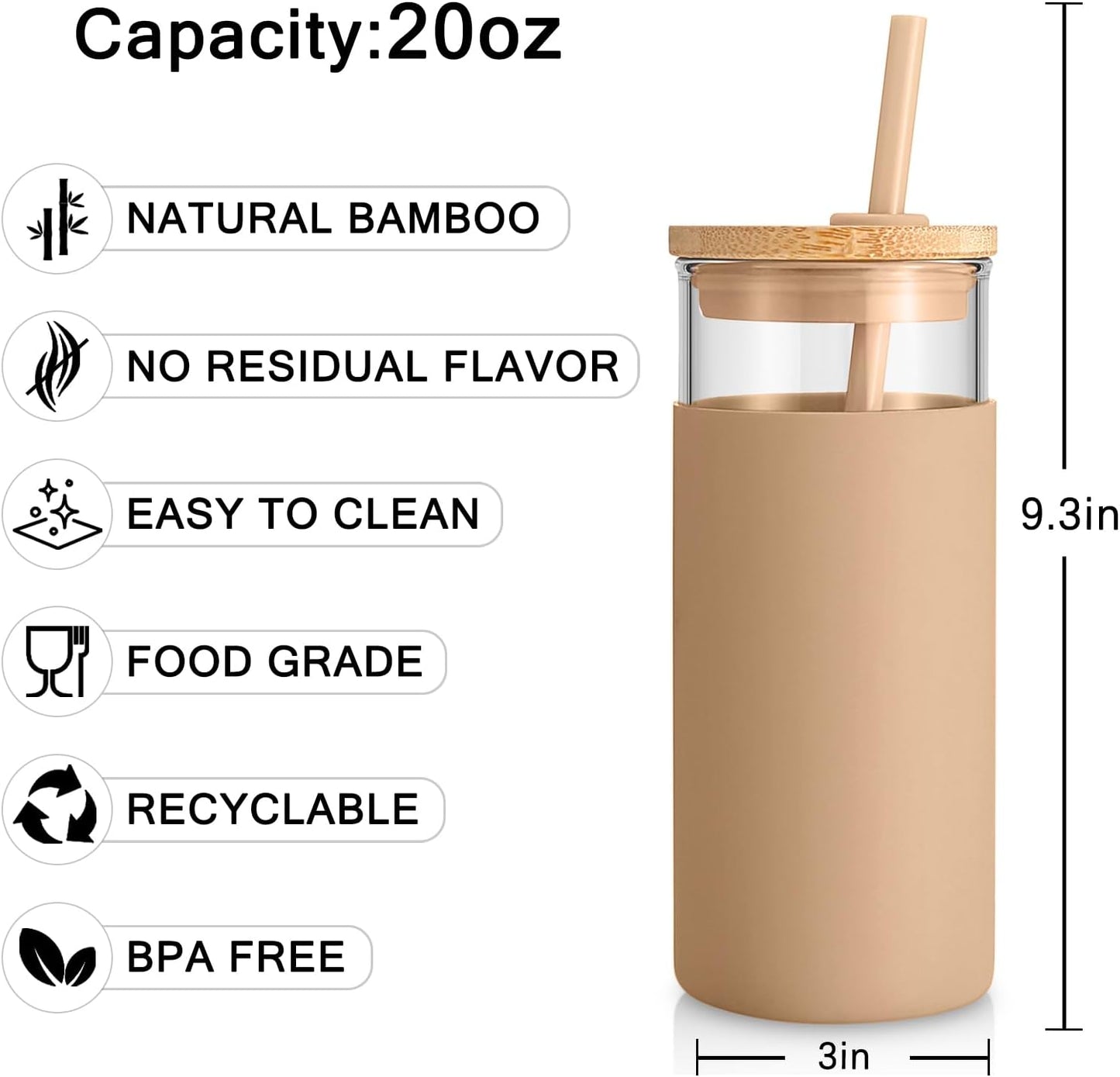 Tronco 20 oz Glass Tumbler with Lids and Straws, Reusable Iced Coffee Cups | Borosilicate Glass Cups with Bamboo Lid, Silicone Sleeve, Dishwasher Safe, Cup Holder Friendly, BPA-Free, Iced Coffee Tumbler