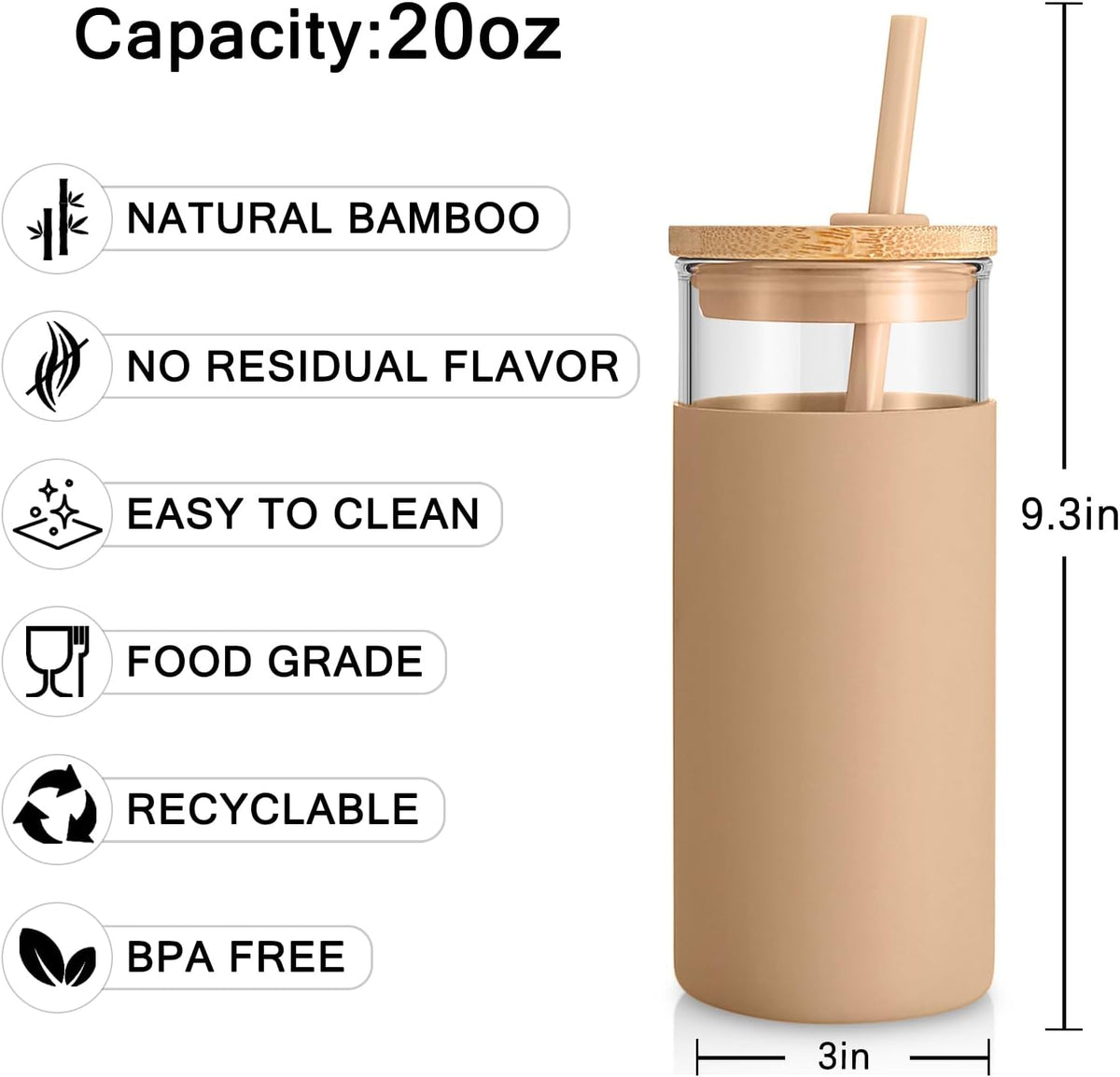 Tronco 20 oz Glass Tumbler with Lid and Straw, Reusable Iced Coffee Cup with Silicone Sleeve & Bamboo Lid, Smoothie Cup for Home, Office, for Father Men Day Gift from Wife Daughter Son (White)
