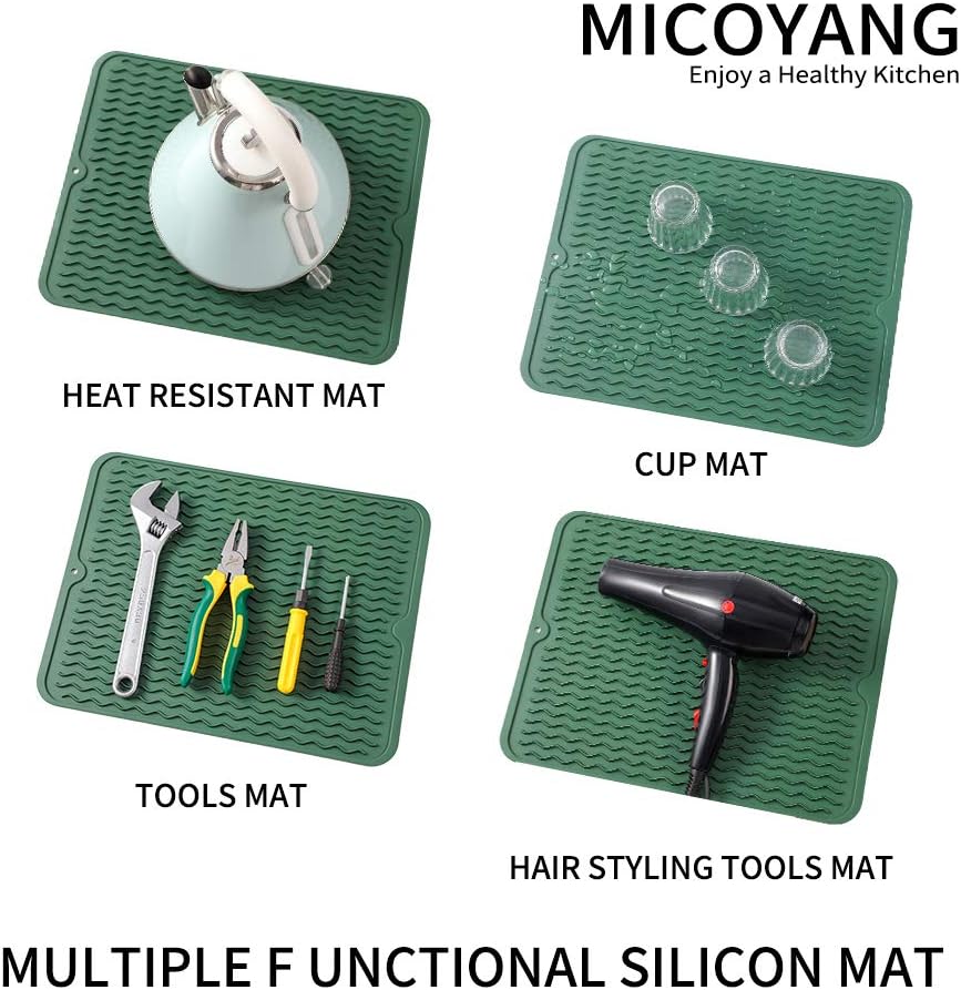 Silicone Dish Drying Mat for Multiple Usage,Easy clean,Eco-friendly,Heat-resistant Silicone Mat for Kitchen Counter or Sink,Refrigerator or drawer liner Green L 16 inches x 12 inches