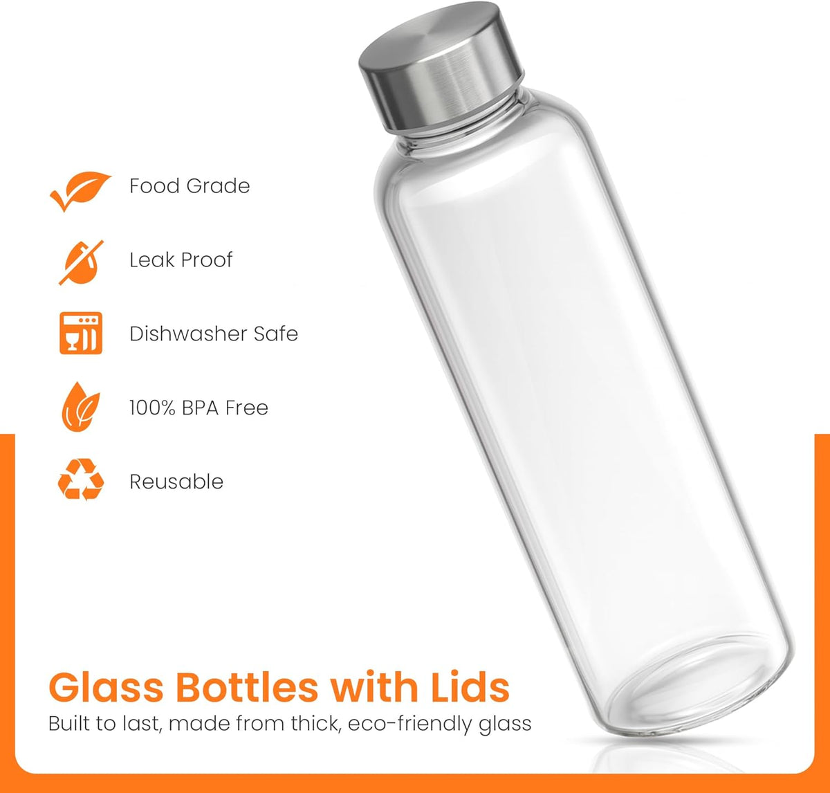 Epica Clear Glass Bottles with Lids, 18 oz Water Bottles, Steel Cap, 4-Pack | Reusable Travel-Friendly Juice bottles Rust-Resistant Durable Glass Stainless steel Air and Water Tight Lids 100% Leak Proof