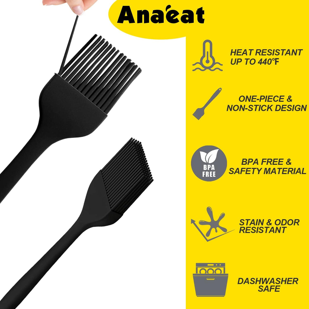 Anaeat High Heat Resistant Silicone Basting Pastry Brush Set of 3- Hygienic One-Pieces Design Spread Oil Butter for BBQ Grill Barbecue Baking Kitchen Cooking - BPA Free &amp; Dishwasher Safe (10"+8.2")