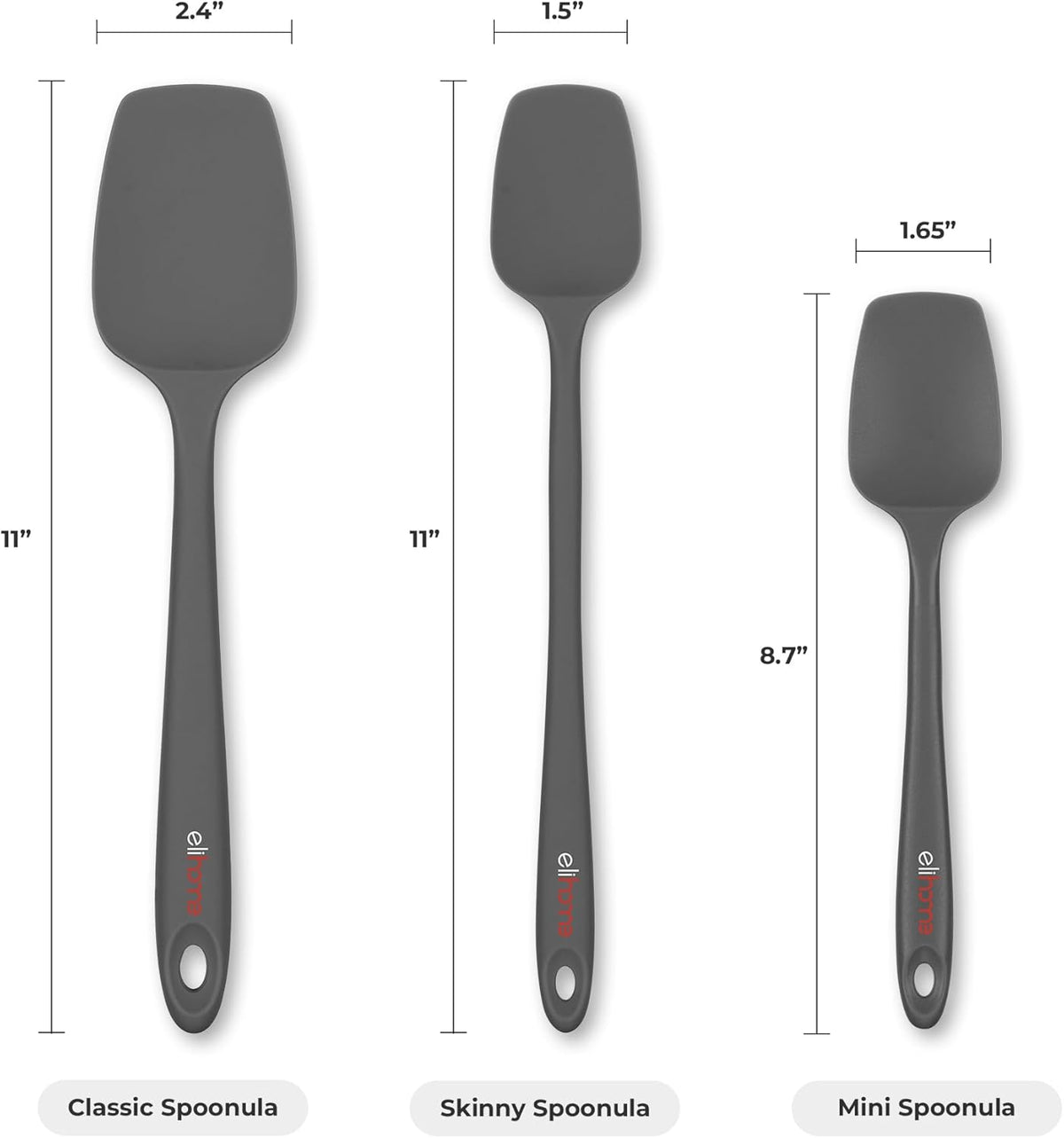 Elihome Skinny Silicone Spoonula - Non-Stick Heat Resistant Silicone Scraper Spatula for Mixing, Serving, Scraping, Stirring, and More - 11 Inch, Dark Grey
