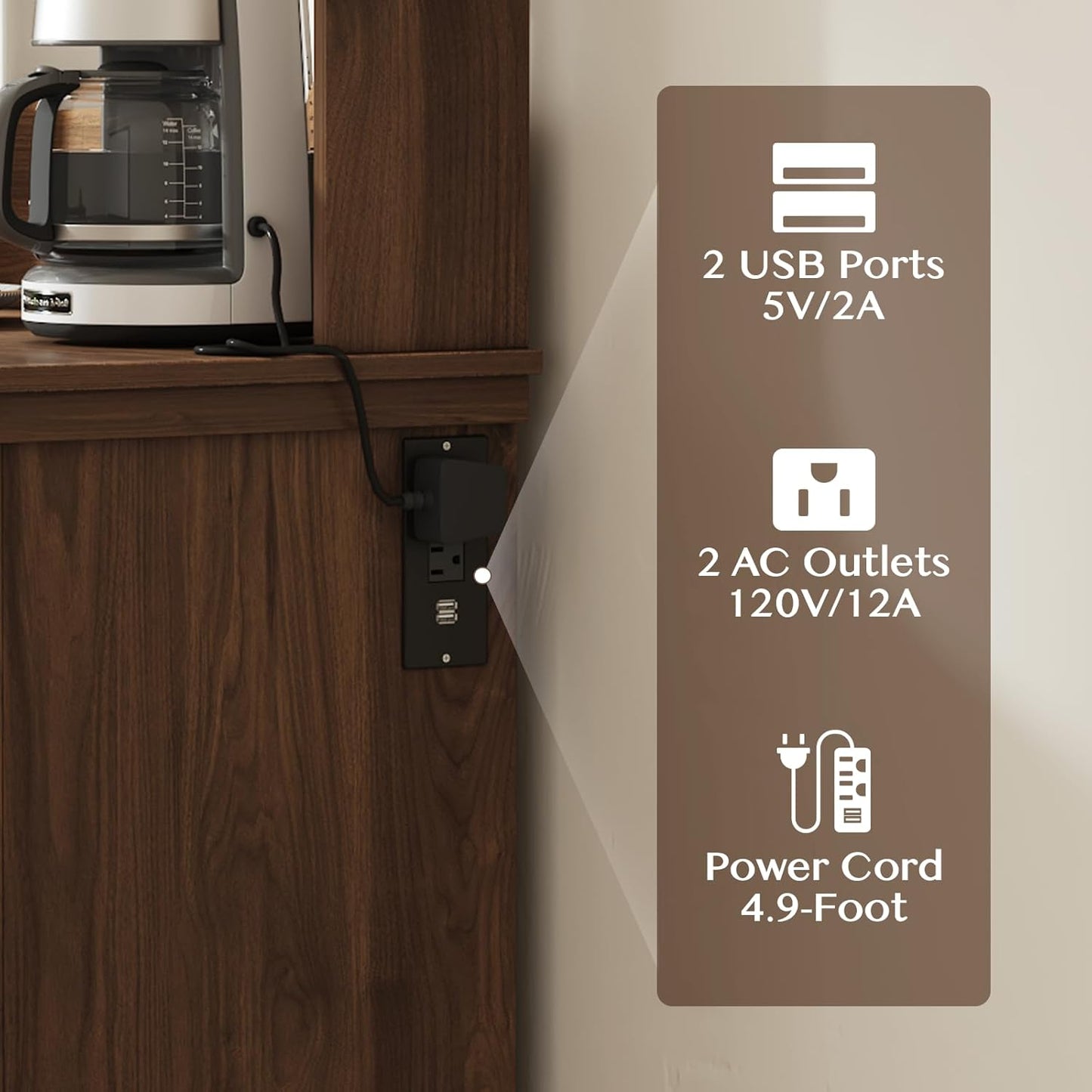 JOINICE Coffee Bar Cabinet with Storage and Charging Station,Walnut | Farmhouse,Herringbone Panel,31.5" Countertop Space,Holds 100lbs,Open Top Shelf+Adjustable Shelf,USB/AC,6-Hook,Easy Assembly