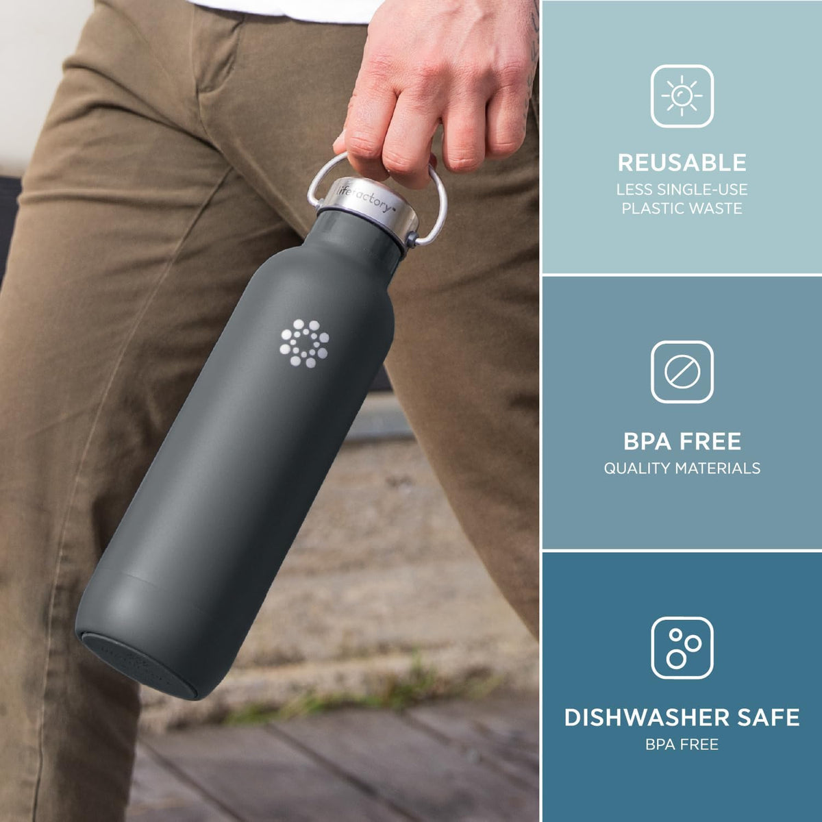 Lifefactory 24oz Stainless Steel Sports Bottle with Chug Cap, Carbon