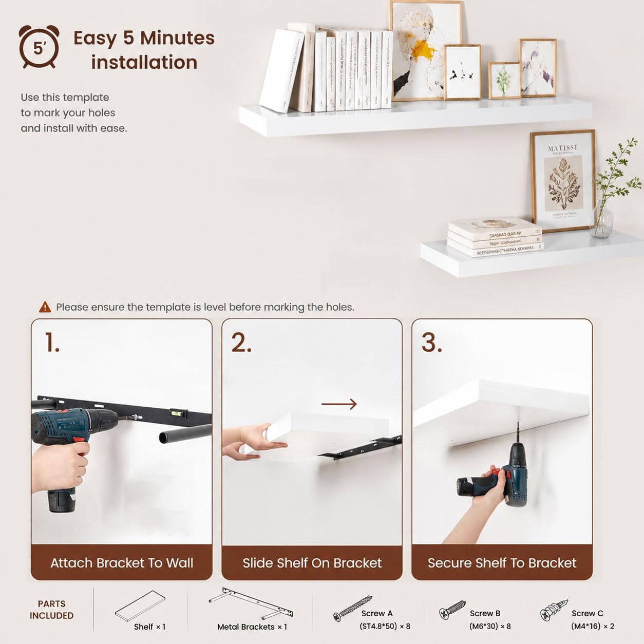 Floating Shelf, Set of 2 Wall Shelf, 24 in W x 10 in D x 1 in H Wooden Floating Wall Shelf with Invisible Brackets for Living Room/Bedroom/Bathroom/Kitchen Storage and Decor, White