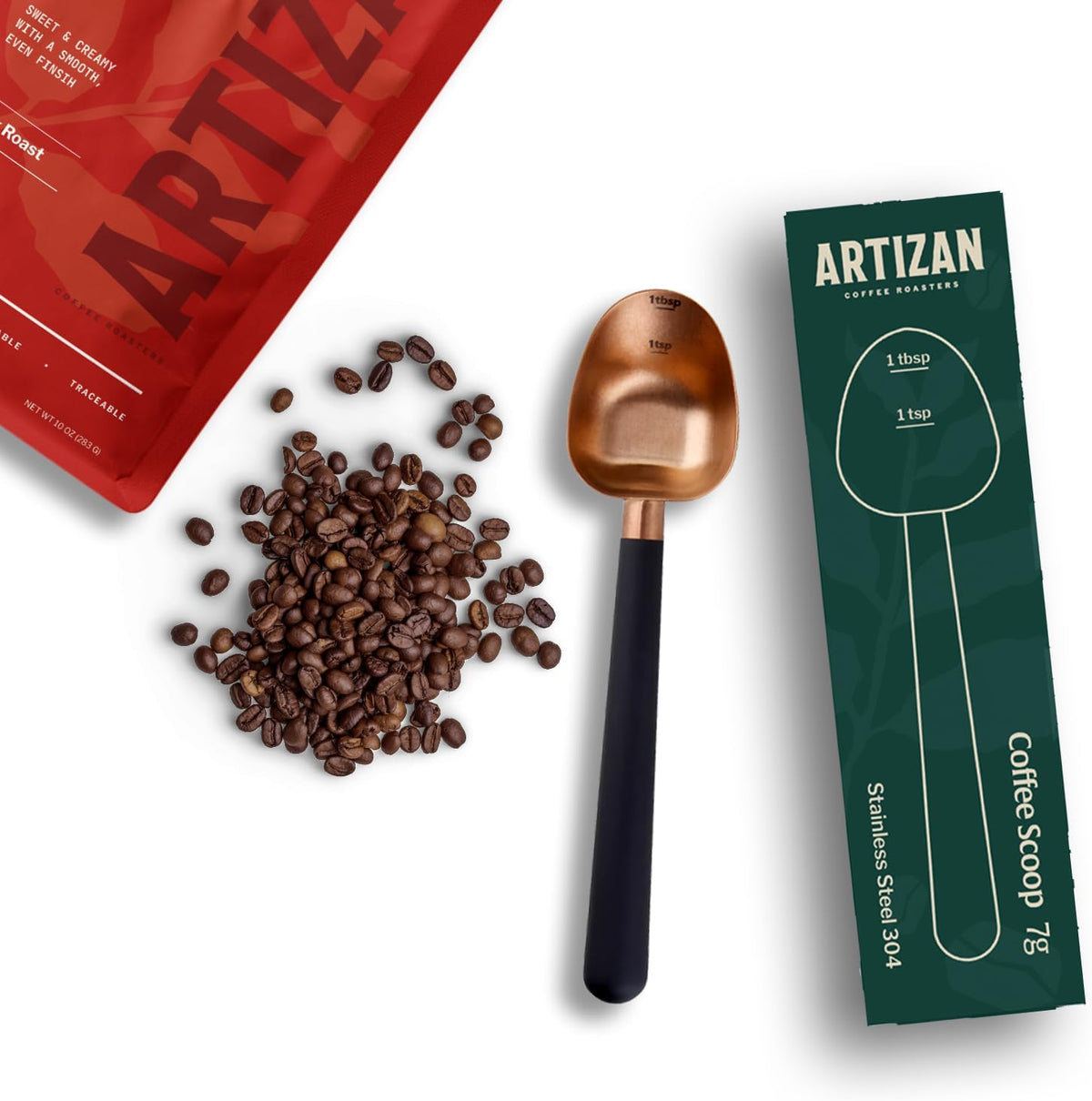 Artizan Coffee 1 Tbsp Coffee Measuring Scoop, Rose Gold Stainless Steel Copper Scoop for Ground Coffee, Beans, Tea &amp; More - 7g, 17 cm Long Handle