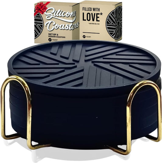 Silicone Black Coasters Set of 6 with Gold Holder - Coffee Table Decor for Home and Office, Durable and Stylish Coaster Set