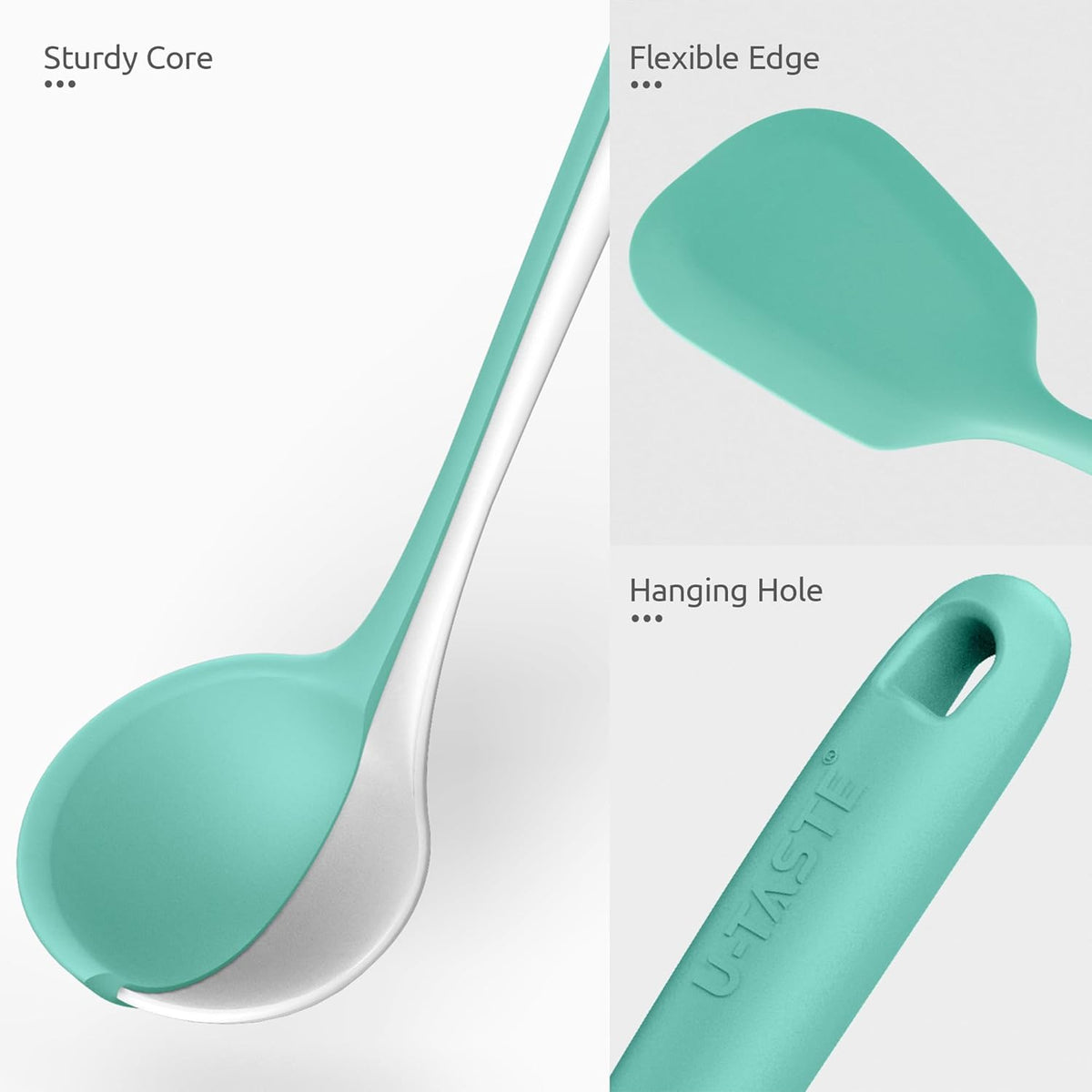 U-Taste Silicone Kitchen Cooking Utensil Set of 5, 13.6" Long, Aqua Sky | 600ºF Heat Resistant Food Grade Kitchen Tools&amp;Gadgets, Extra Long Wide Spatula Turner Spoon Ladle for Serving Mixing Stirring