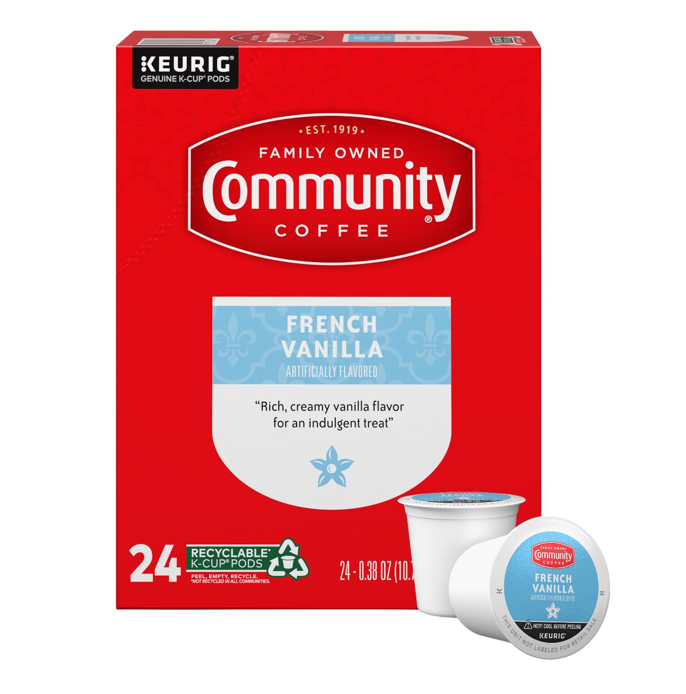 Community Coffee French Vanilla Flavored 24 Count Coffee Pods, Medium Roast, Compatible with Keurig 