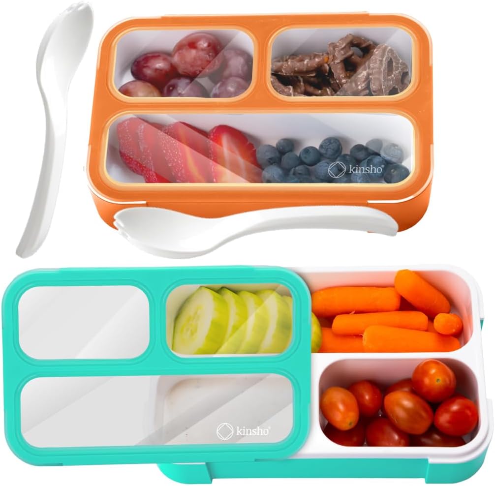 kinsho Snack Container Boxes for Kids Toddlers, 2 Pack Teal Blue &amp; Orange | 3 Compartments, Leak-Proof, Spill Proof, BPA-Free Reusable Small Mini Bento Lunch Box for Daycare School Travel, Holds 2 Cups