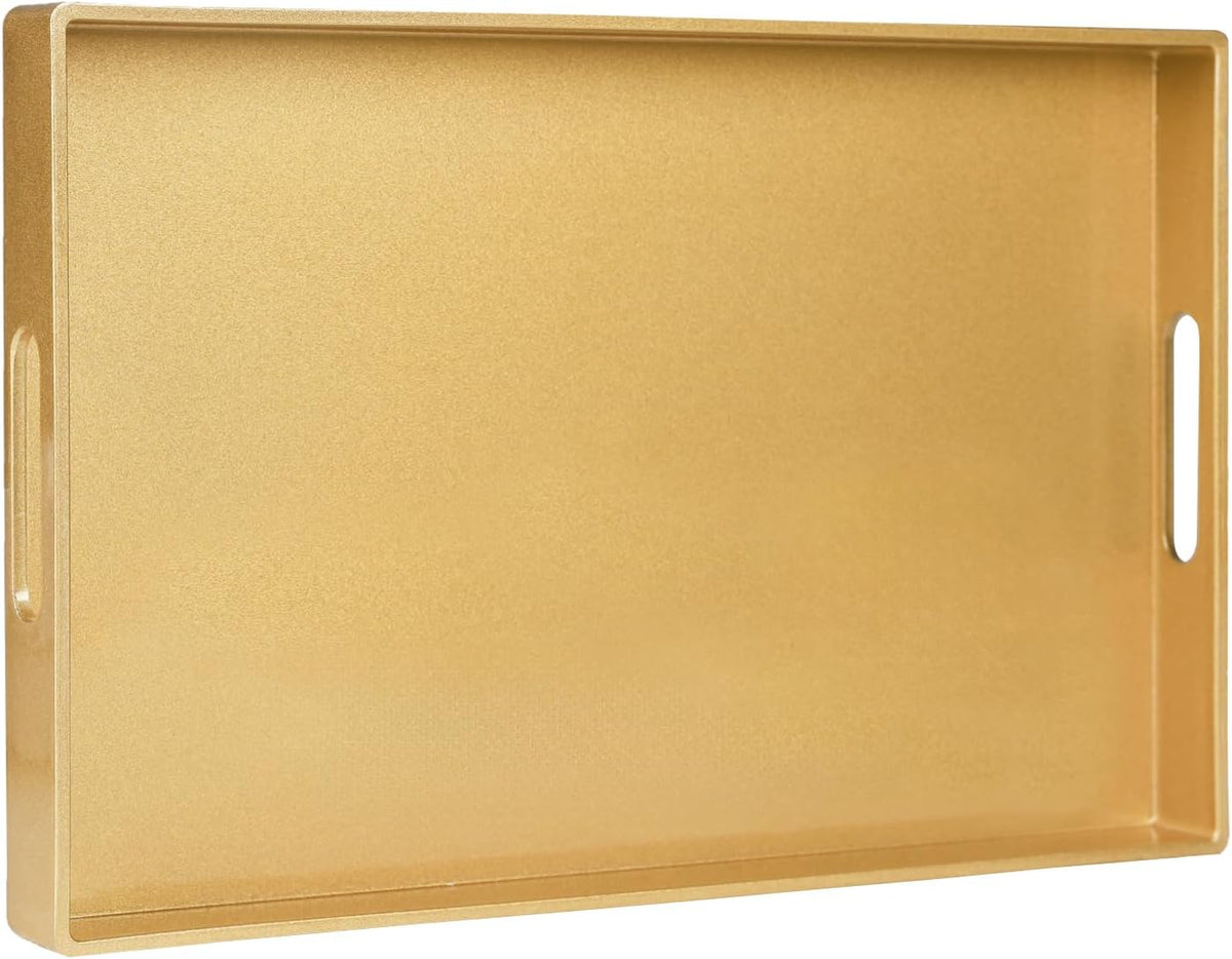 MAONAME Gold Decorative Tray for Coffee Table, Serving Tray with Handles | Plastic Melamine Tray, Modern Ottoman Tray, Rectangular Countertop Organizer Tray for Living Room, 15.8"L x 10.2"W x 1.4"H