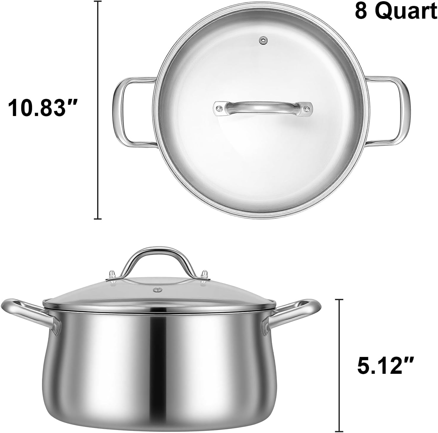 Tifanso 8QT Tri-Ply Stainless Steel Induction Stock Pot with Lid | Heavy Duty Nonstick Build, Great for Soup Pasta Canni
