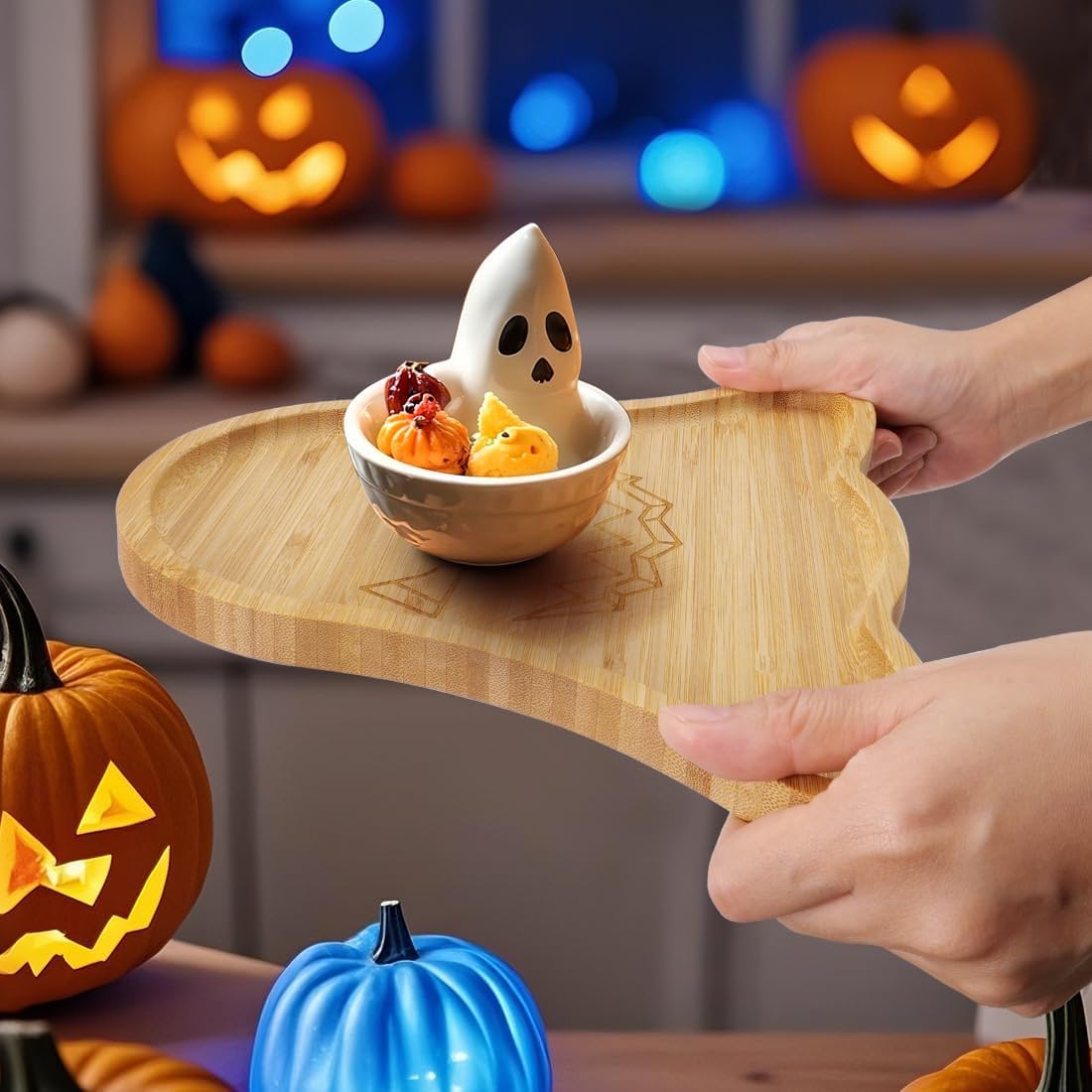 TJ POP Ghost Serving Tray - Spooky Ghost Shaped Bamboo Serving Platter, Festive Wooden Charcuterie Board, Snack Cheese Dish Plate for Candy, Treats, Drinks &amp; Holiday Party Decor (10" x 9")
