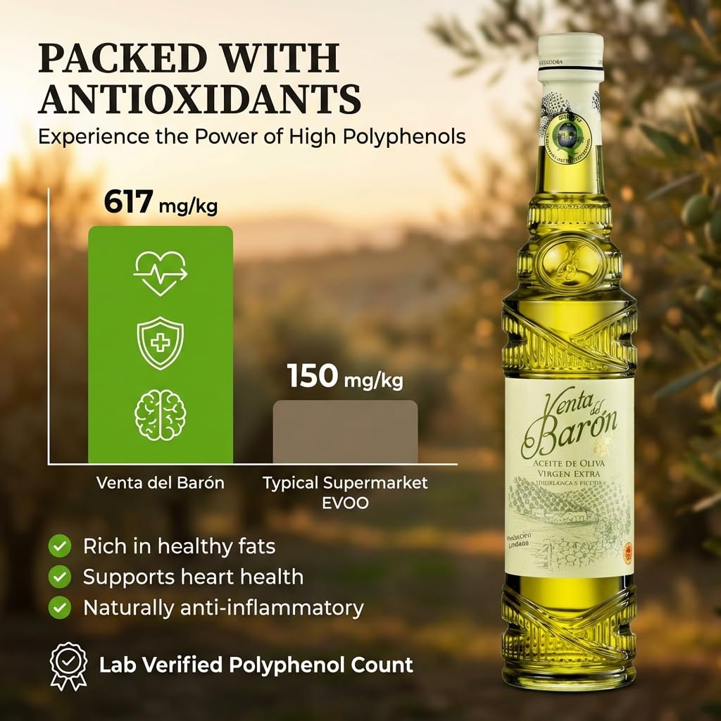 Venta del Barón - Voted The World's Best Olive Oil - Extra Virgin Cold Pressed - High in Polyphenols - 16.9 fl oz (500ml)