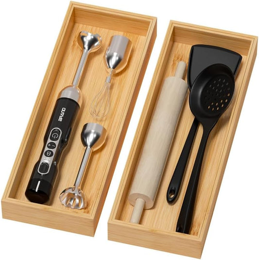 Bamboo Drawer Organizer for Kitchen & Bath, Extra Large Stackable Tray for Silverware, Toiletries & Utensils, 2 Pcs, 17" x