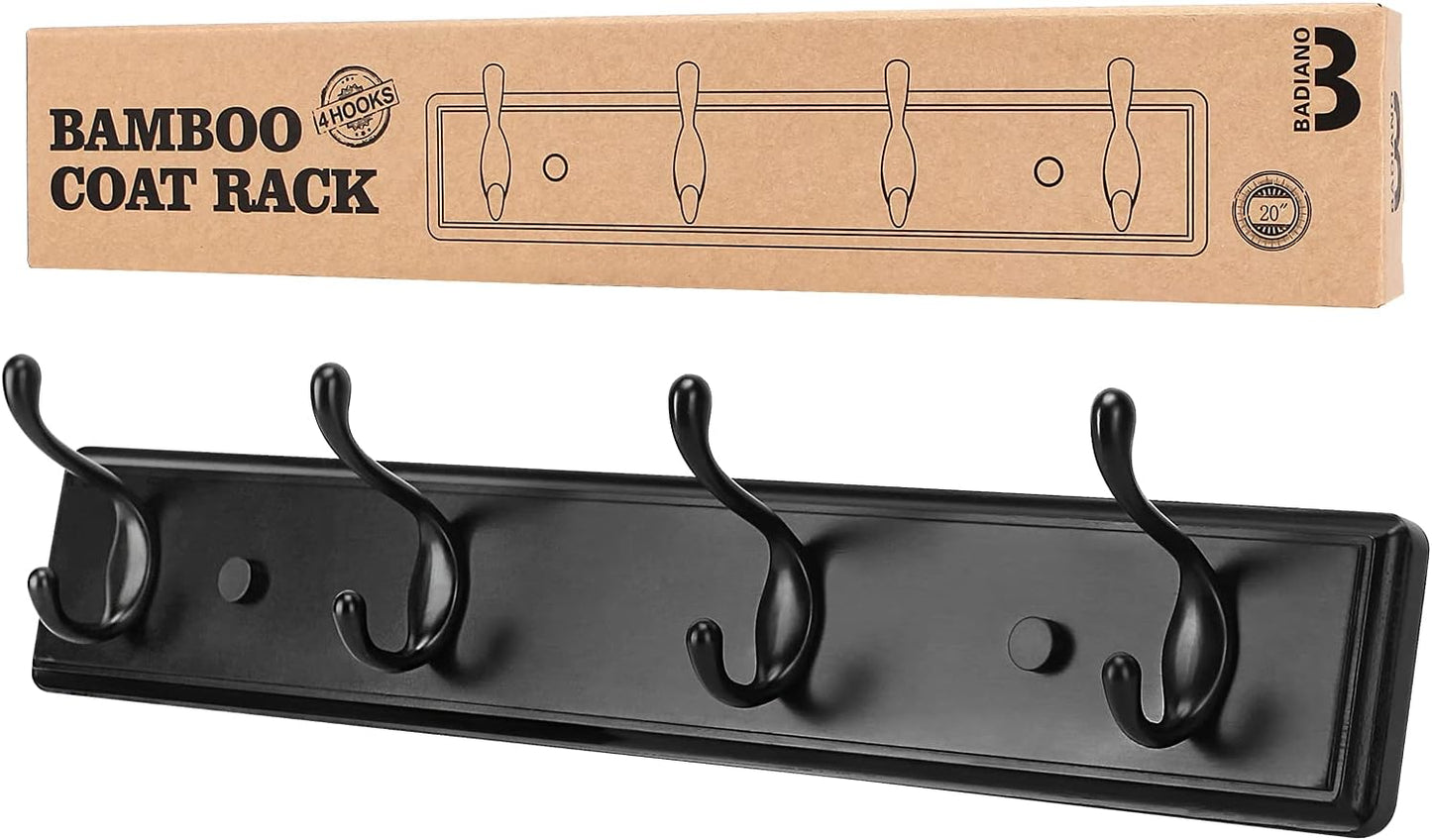 Badiano Heavy Duty Wooden Coat Rack, Wall-Mounted Organizer, 19 Inch, Black