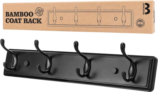 Badiano Heavy Duty Wooden Coat Rack, Wall-Mounted Organizer, 19 Inch, Black