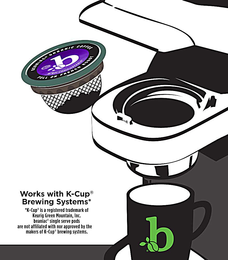 beaniac Organic Full On French Roast, Dark Roast, Single Serve Compostable K Cup Coffee Pods, Organic Arabica Coffee, Keurig Brewer Compatible