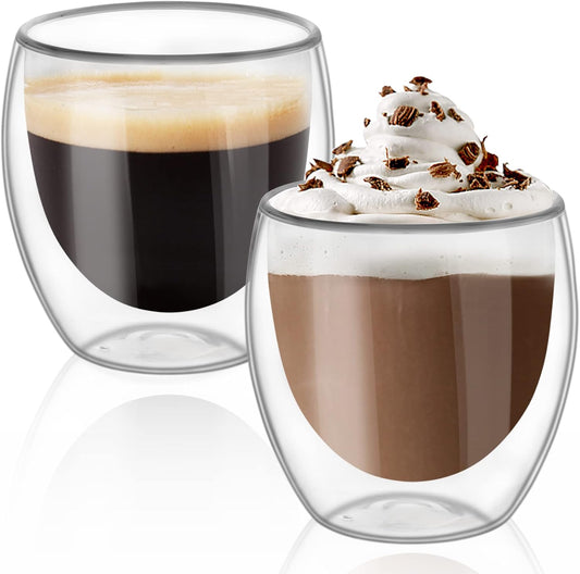 ComSaf Cappuccino Cup 8 oz, Glass Coffee Cups Set of 2, Double Walled Glass Coffee Mugs for Caramel Macchiato, Latte, Flat
