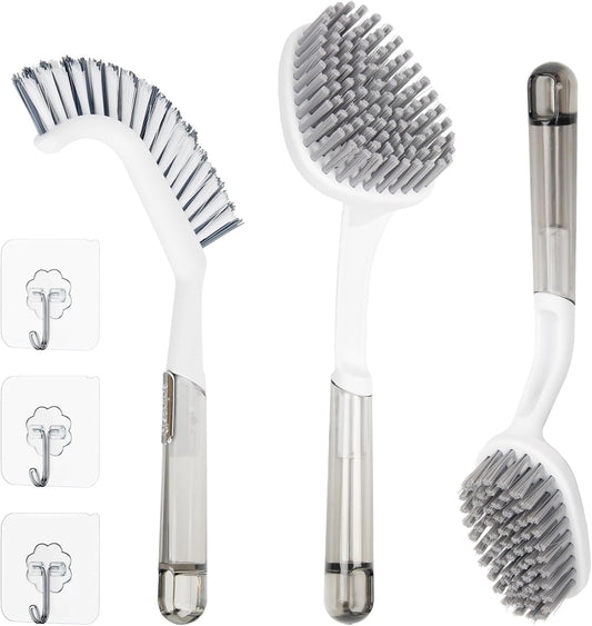 3 Pack Scrub Brush Set – Heavy-Duty Scrub Brushes for Cleaning with Handle, Cleaning Brush with Stiff Bristles, Shower