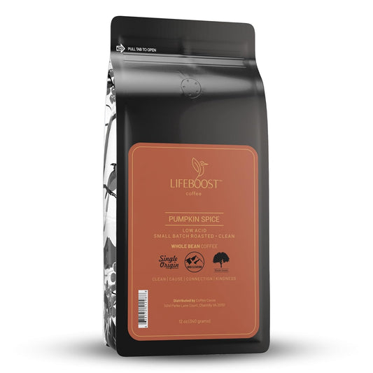 Lifeboost Pumpkin Spice Coffee Whole Bean – Organic, Low Acid, Non-GMO - Cozy Fall Time Blend – Single Origin Medium Roast,