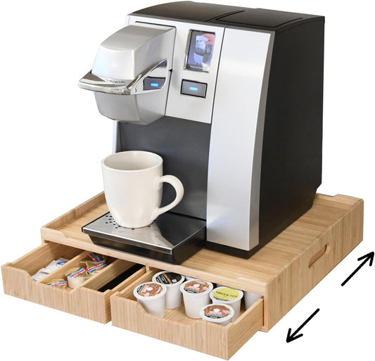 Mobilevision Bamboo Drawer & Large Sliding Tray for K-Cup & Espresso Pod Storage Organize Coffee Maker & countertop