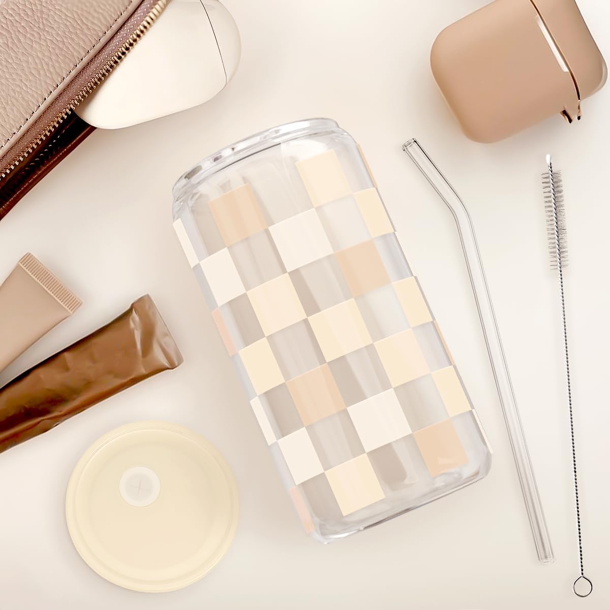 SANDJEST Checkerboard Glass Can, Beige Checker Cup with Lid &amp; Straw, Iced Coffee Aesthetic Cups, Gift for Christmas Birthday Mother Day, Gifts for Women, 16oz